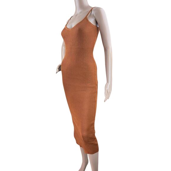 New Air Space Women Brown Rib Knit Spaghetti Strap V-Neck Bodycon Midi Dress M - Picture 2 of 6